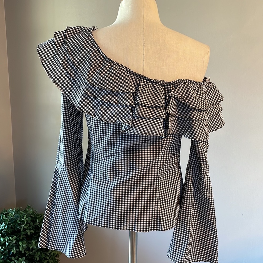 Scripted Blouse, Checkered Pattern One Off Should… - image 2